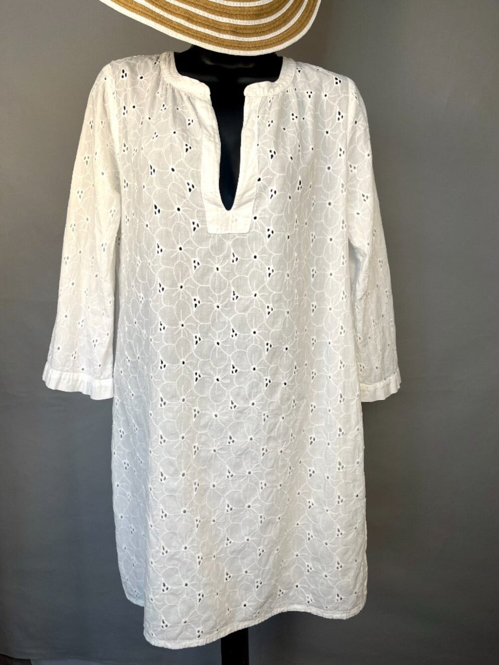 House of Woo Eyelet White Cotton Cover-Up Tunic XS 3/4 Sleeve - Picture 3 of 8